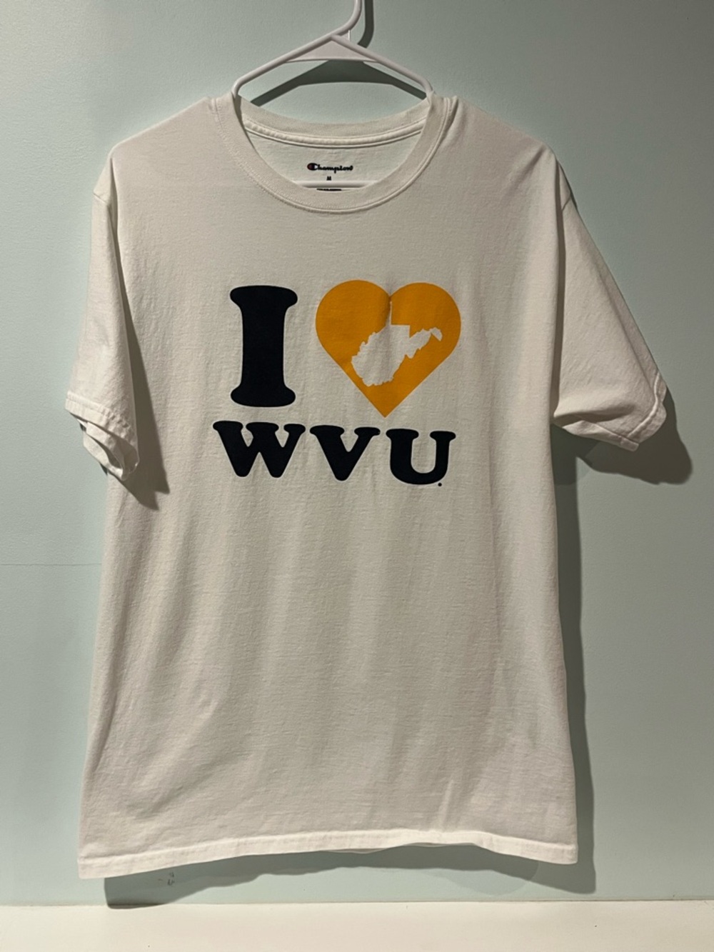 Champion Women’s “I ❤️ WVU” White Tee with Navy WVU Text and Gold Heart, Size M